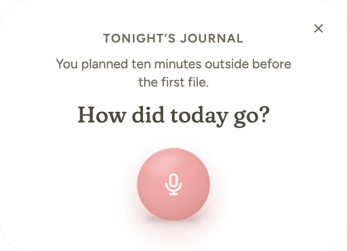 The next evening: You planned ten minutes outside before the first file. How did today go?